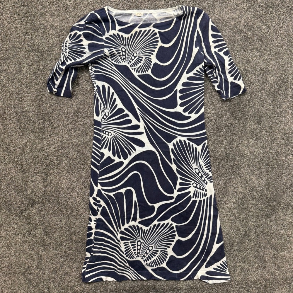J.Crew Navy White Abstract Floral Knit Sheath Dress Cotton SP08 92602 Womens S